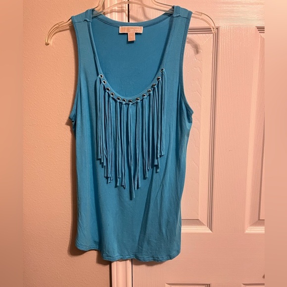 Michael Kors Aqua Blue Sleeveless Top with Silver & Fringe Detail - Picture 1 of 6
